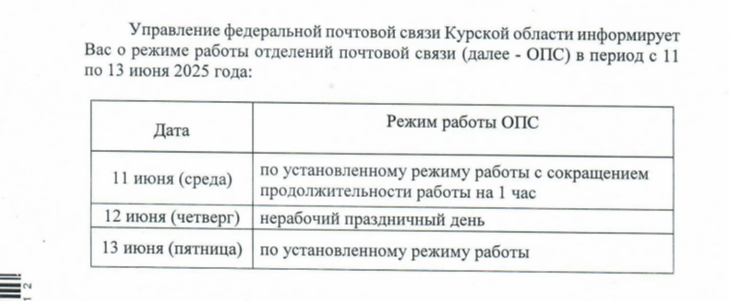 Режим работы ОПС с 11 по 13 июня 2025.