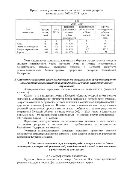 Уведомление о проведении общественных обсуждений предварительных материалов оценки воздействия на окружающую среду по материалам, обосновывающих лимиты и квоты добычи охотничьих ресурсов на территории Курской области в период с 01 августа 2023 года.